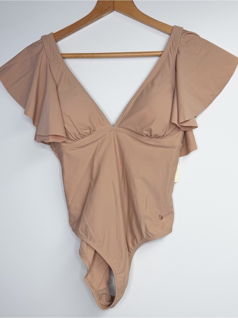 Joan Vass Ruffle Shoulder One Piece Swimsuit Nude Tan Beige Size Small NWT